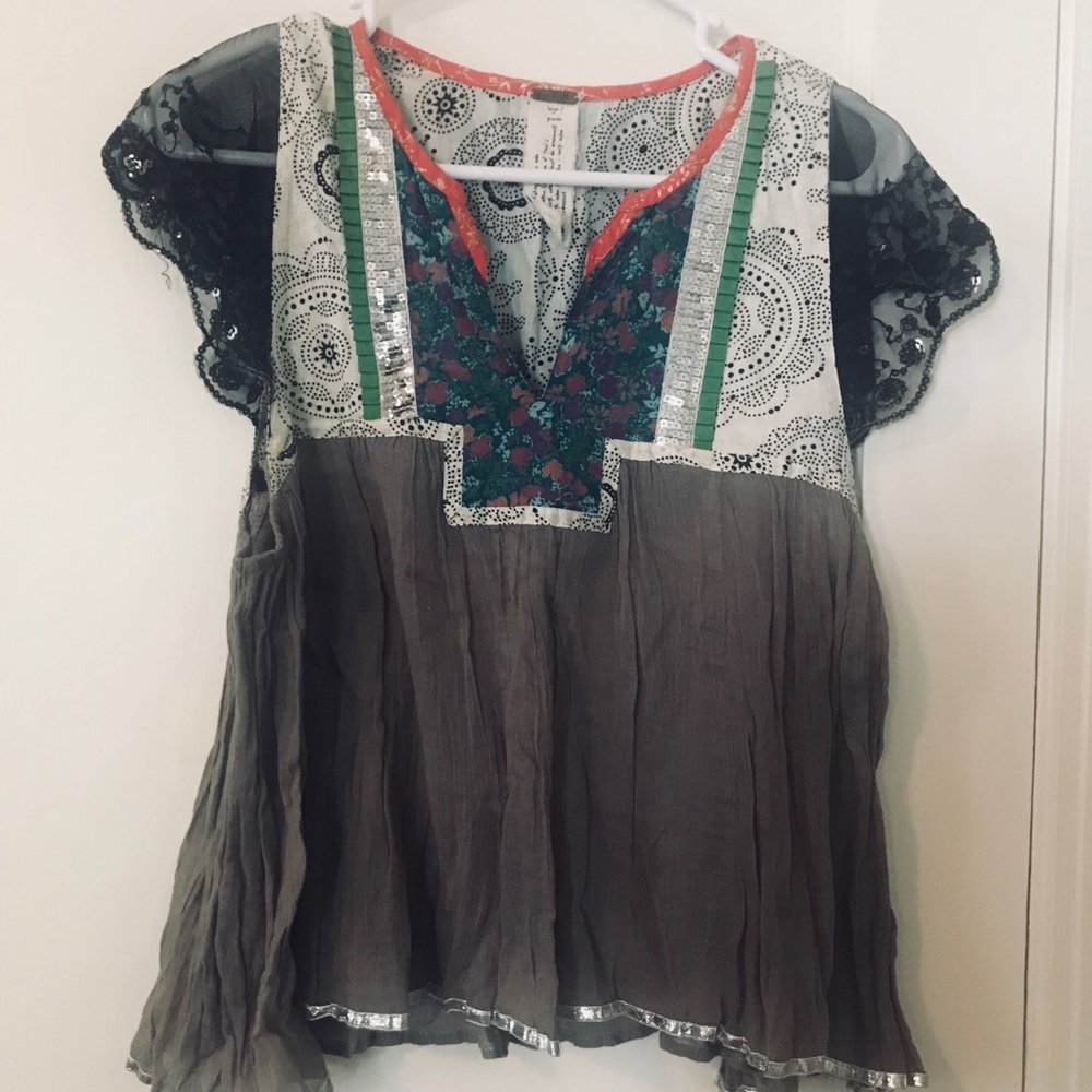 Free People Sequined Patchwork Shirt Small